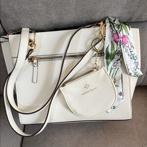 Nanette Lepore White Shoulder Bag with Floral Scarf and change purse keychain